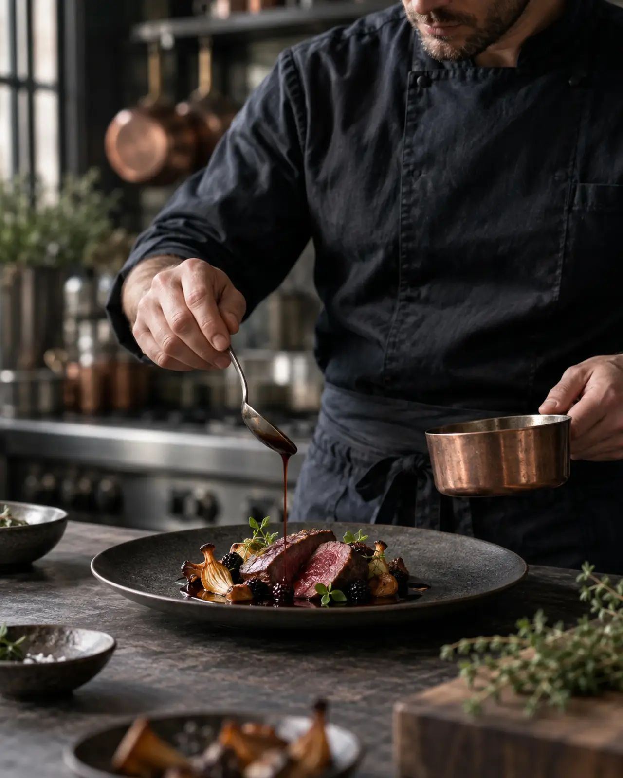 Le Chef dresse une assiette de gibier sauvage