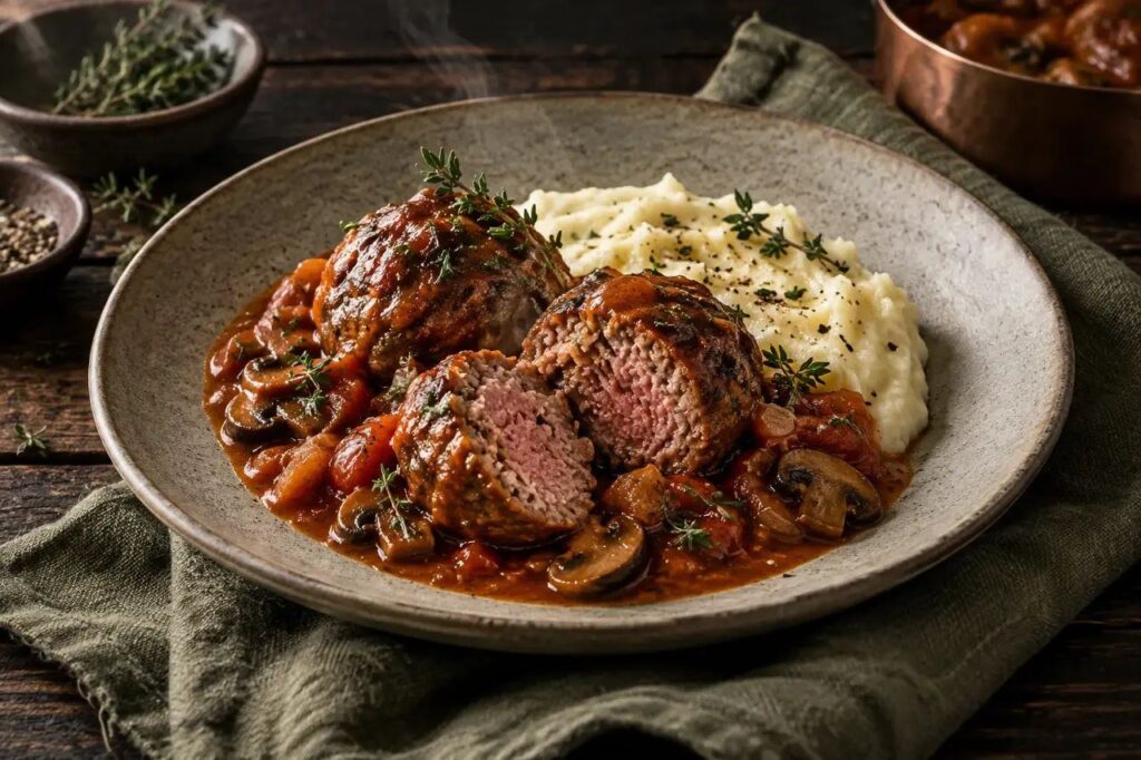 Boulettes chasseur, sauce tomate au thym – recette de gibier sauvage dressée à l'assiette