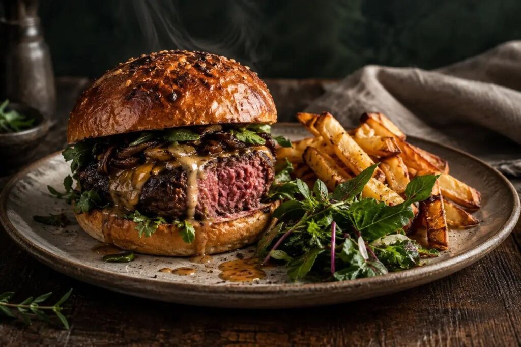 Burger de sanglier, cheddar affiné – recette de gibier sauvage dressée à l'assiette
