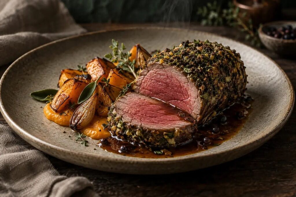 Cœur de filet en croûte d'herbes – recette de gibier sauvage dressée à l'assiette