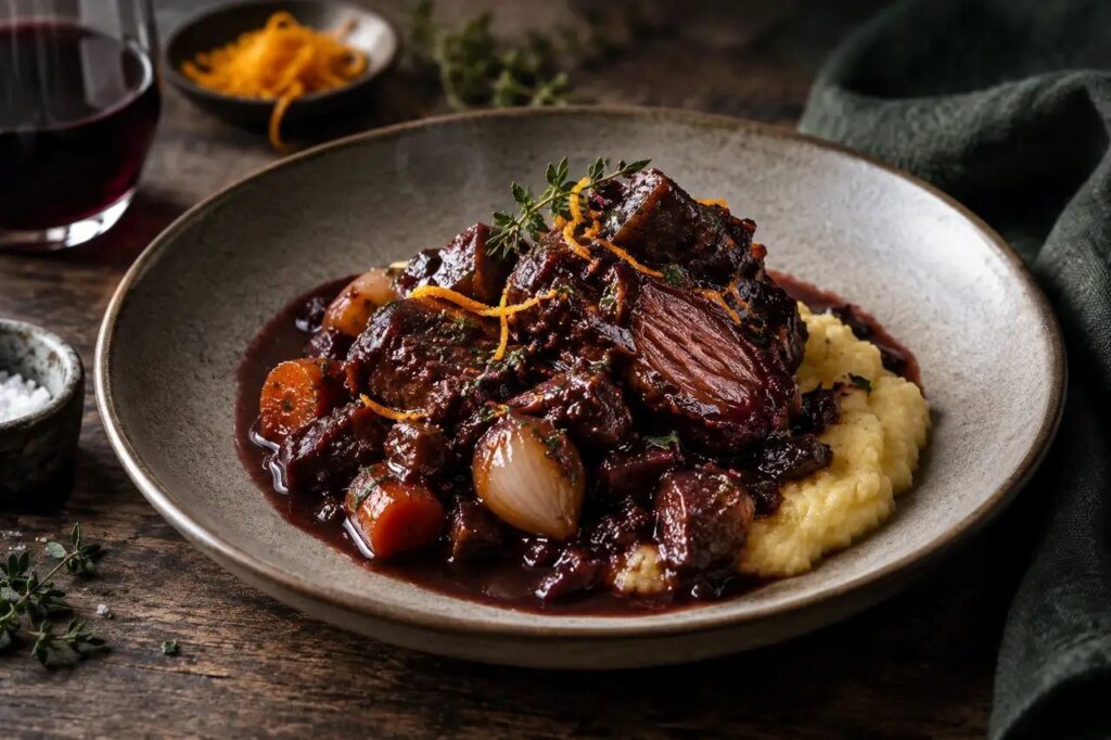Daube au Cahors et zeste d'orange – recette de gibier sauvage dressée à l'assiette