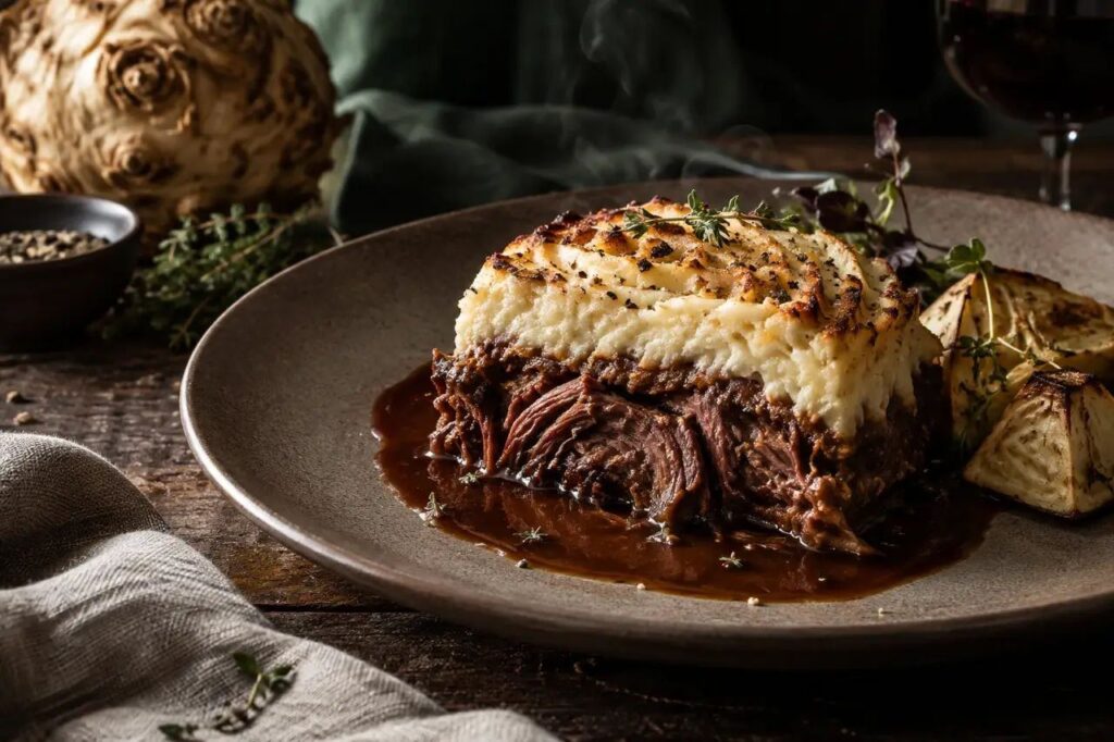Hachis parmentier de gibier au céleri-rave – recette de gibier sauvage dressée à l'assiette