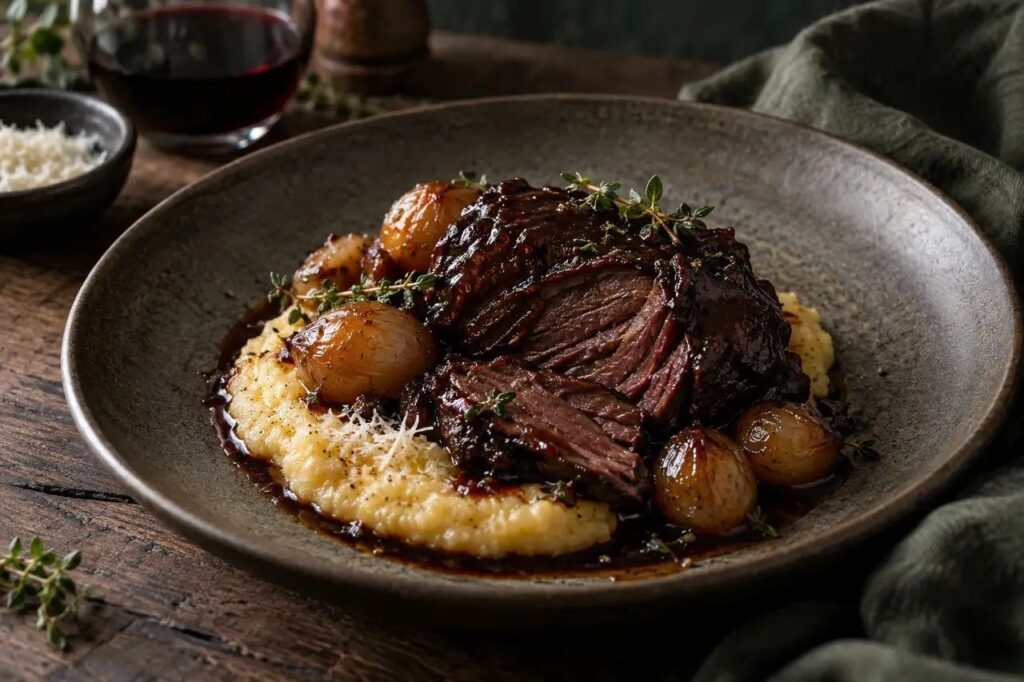 Joues confites, polenta crémeuse – recette de gibier sauvage dressée à l'assiette