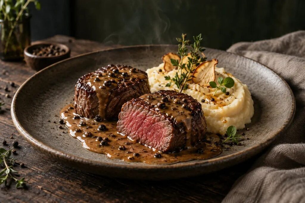 Médaillons, sauce poivrade – recette de gibier sauvage dressée à l'assiette