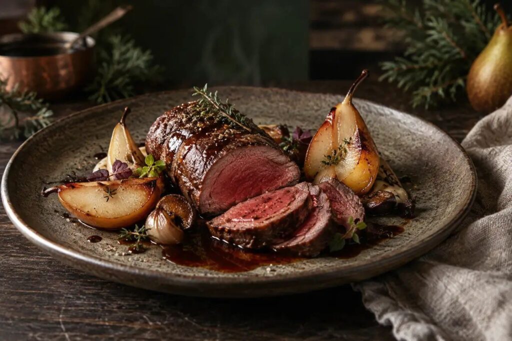 Rôti de chevreuil, poires rôties – recette de gibier sauvage dressée à l'assiette