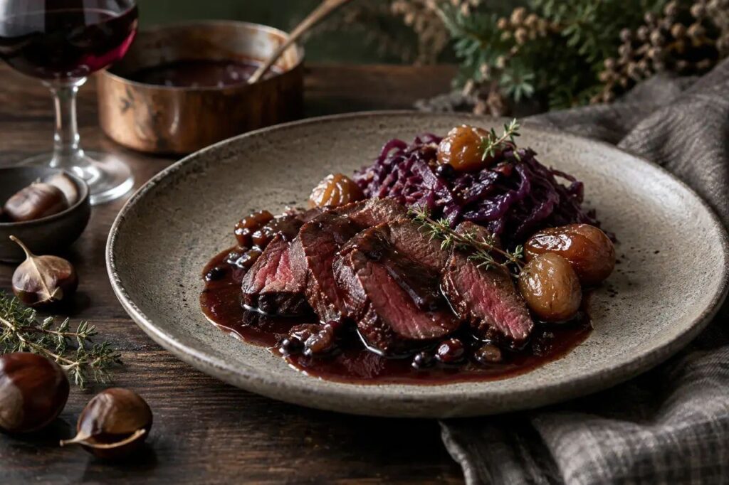 Sauce grand veneur et marrons glacés – recette de gibier sauvage dressée à l'assiette