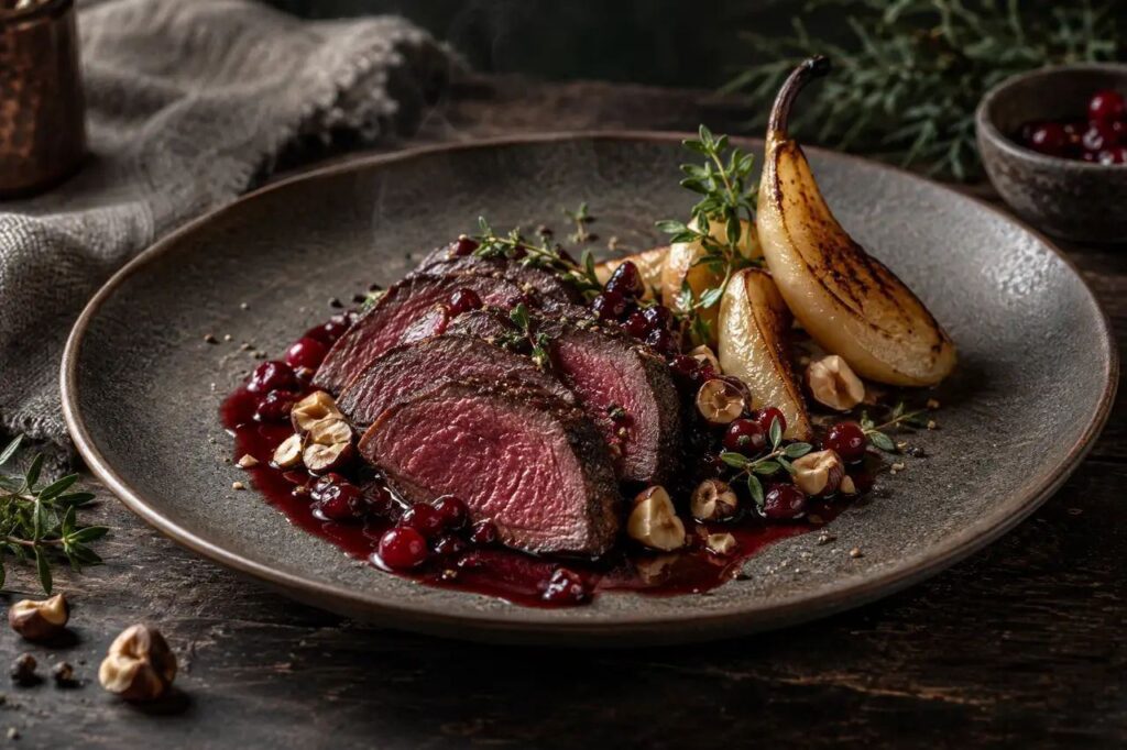 Venaison aux airelles et poire rôtie – recette de gibier sauvage dressée à l'assiette